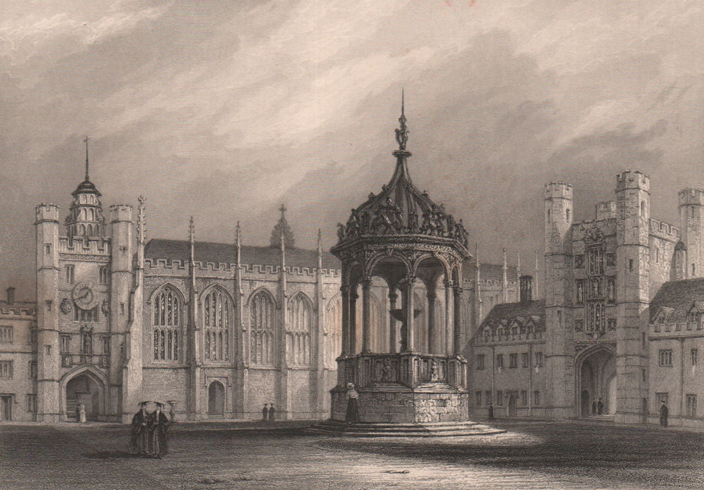 The Great Court, TRINITY COLLEGE, Cambridge. LE KEUX 1841 old antique print